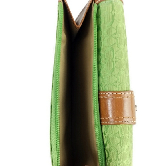 Coach Soho Signature Mini C Green Jacquard Dark Tan Trifold Checkbook Wallet Vtg - Picture 13 of 16